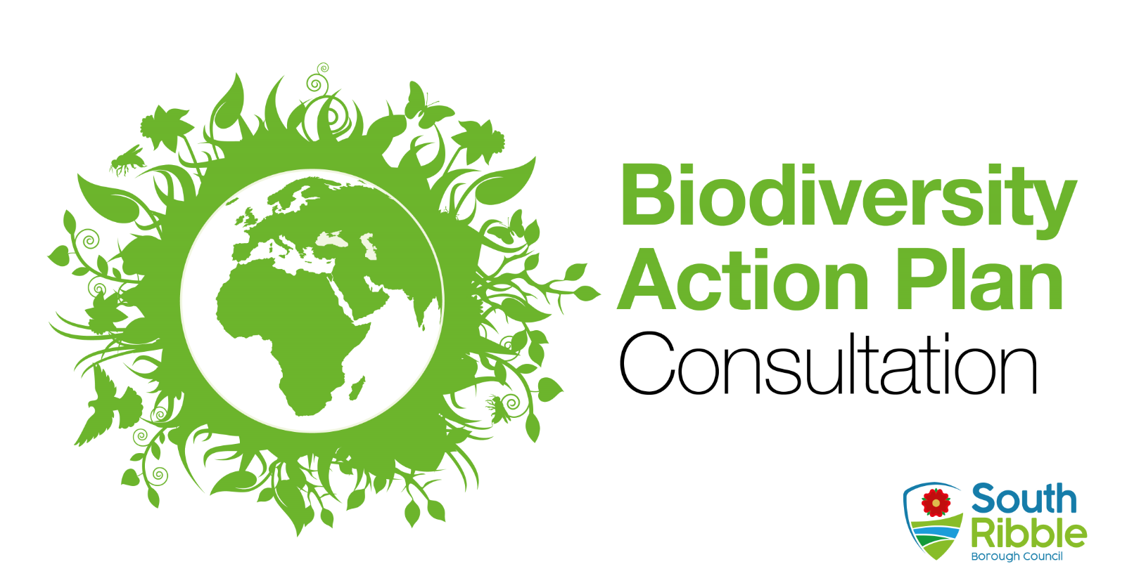 A green planet surrounded by various leaves and insects beside the text Biodiversity Action Plan Consultation and the South Ribble Borough Council logo
